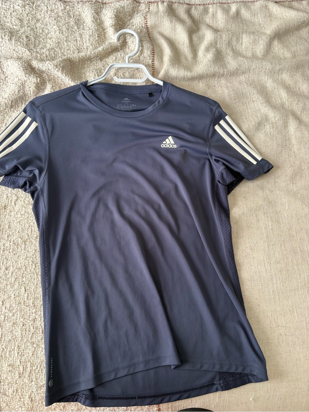 adidas Navy Short Sleeve Performance Tee with White Stripes